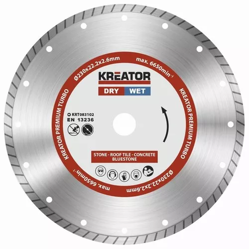 Diamantový kotouč celoobvodový 230mm PREMIUM TURBO Kreator KRT083102