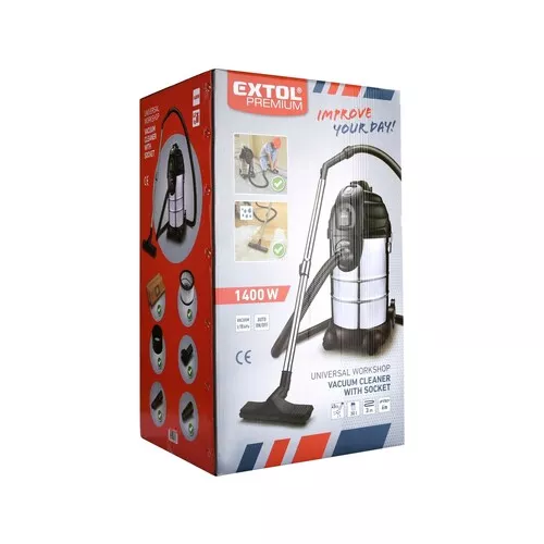 Vysavač dílenský, multifunkční se zásuvkou a funkcí čištění filtru, 30l, 6m kabel, 3m hadice, 1400w EXTOL PREMIUM 8895800