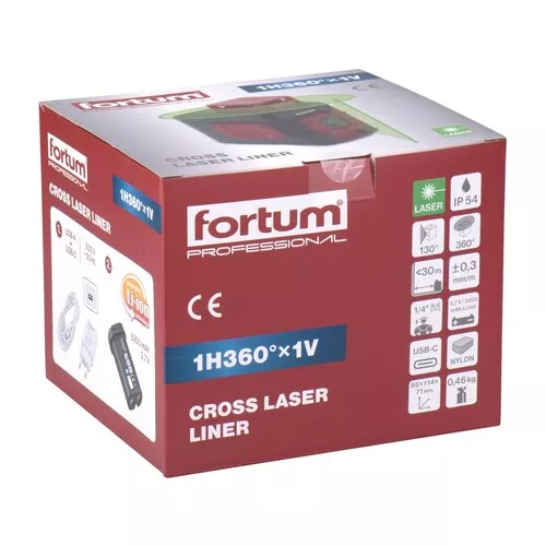 Laser zelený liniový, křížový samonivelační, 1h360°x 1v FORTUM 4780209