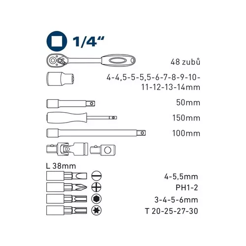 Hlavice nástrčné a zástrčné, sada 31ks, 1/4" FORTUM 4700003