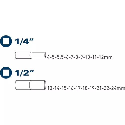 Hlavice nástrčné prodloužené, sada 20ks, 1/4", 1/2" FORTUM 4700012