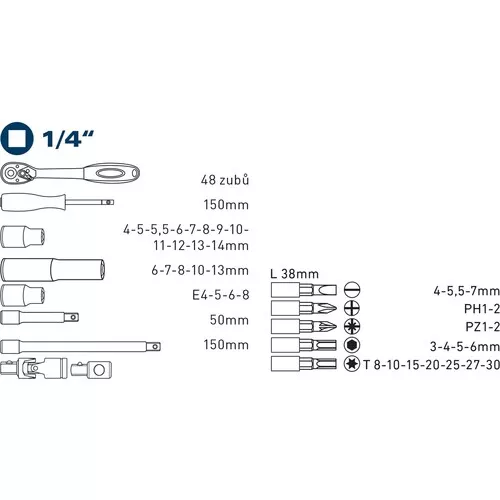 Hlavice nástrčné a zástrčné, sada 45ks, 1/4" FORTUM 4700013