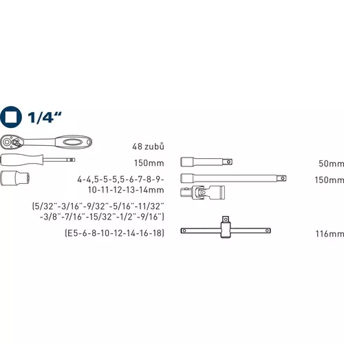 Hlavice nástrčné multi-lock, sada 19ks, 1/4" FORTUM 4700031