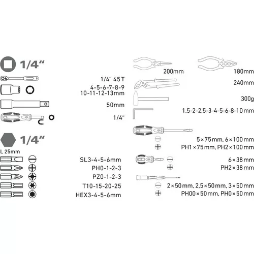 Sada nářadí 57ks, 1/4", crv EXTOL CRAFT 6599