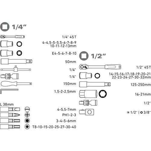 Hlavice nástrčné, sada 65ks, 1/4", 1/2" EXTOL PREMIUM 8818370