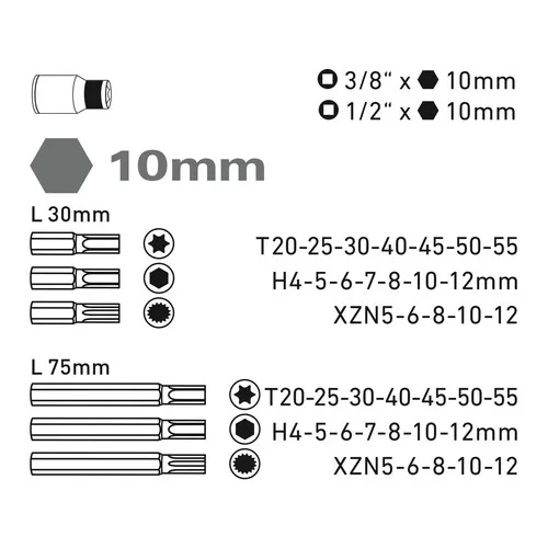 Hroty imbus-torx-xzn, sada profi 40ks, pro ráčny 3/8", 1/2", crv EXTOL PREMIUM 8818202