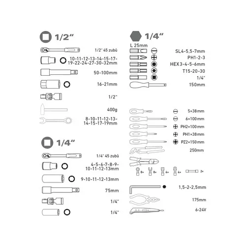 Sada nářadí 100ks, 1/4", 1/2", crv EXTOL PREMIUM 8818411