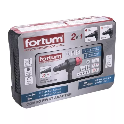 Nástavec nýtovací na vrtačku t-combo, sada pro matice m3-m12 i trh. nýty 2,4-6,4mm, crmov FORTUM 4770667