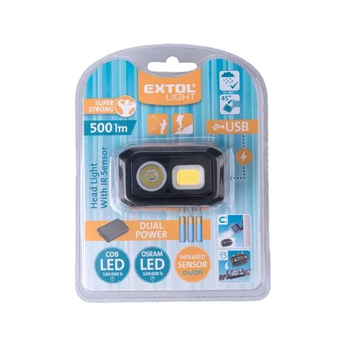 Čelovka 500lm, dual power - li-ion nebo aaa, usb nabíjení, s ir čidlem, osram led+cob led EXTOL LIGHT 43185