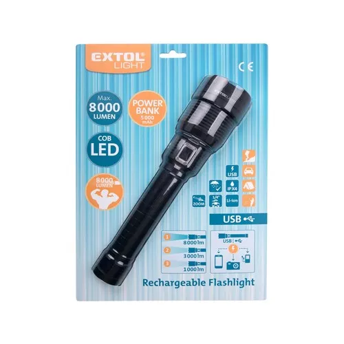 Svítilna 8000lm, zoom, usb nabíjení s powerbankou, 60w cob led EXTOL LIGHT 43142