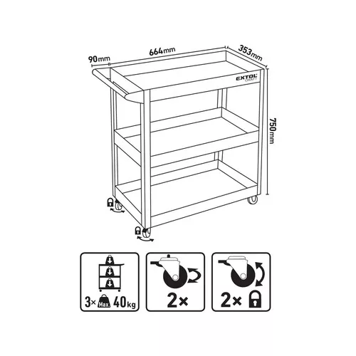 Vozík policový, 3police, max 120kg EXTOL CRAFT 956051
