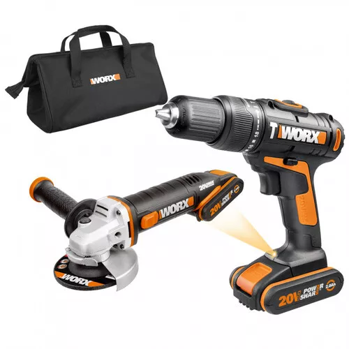 Worx orange WX963 - Aku vrtačka s příklepem a aku úhlová bruska 20V, 2x 2.0Ah - Powershare