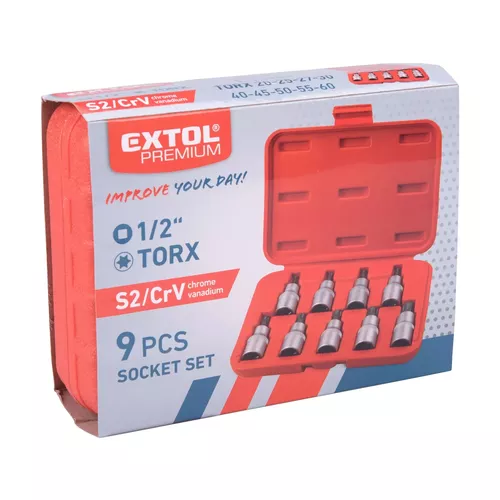 Hlavice zástrčné torx, sada 9ks, 1/2", crv/s2 EXTOL PREMIUM 8818124