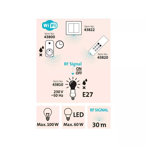 Objímka na žárovku dálkově ovládaná, 2ks, rozšiřující sada, max. 60w žárovka, e27, dosah 30m EXTOL LIGHT 43810