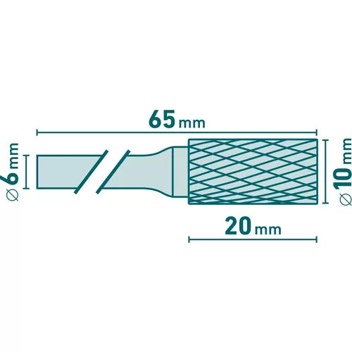 Fréza karbidová, válcová s čelním ozubením, pr.10x20mm/stopka 6mm,sek střední (double-cut) EXTOL INDUSTRIAL 8703714