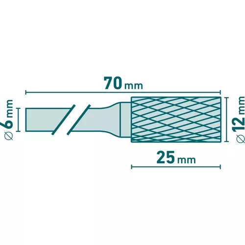 Fréza karbidová, válcová s čelním ozubením, pr.12x25mm/stopka 6mm,sek střední (double-cut) EXTOL INDUSTRIAL 8703715
