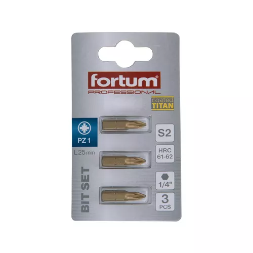 Hrot křížový pozidriv, sada 3ks, pz 1x25mm,titan. úprava, s2 FORTUM 4741371