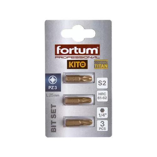 Hrot křížový pozidriv, sada 3ks, pz 3x25mm,titan. úprava, s2 FORTUM 4741373