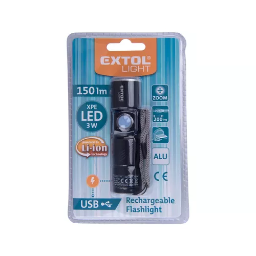 Svítilna 150lm, zoom, usb nabíjení, xpe 3w led EXTOL LIGHT 43135