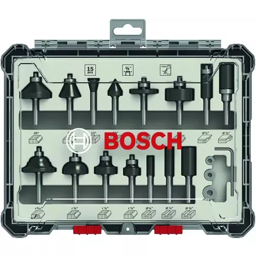 Smíšená sada tvarových fréz s vřetenem Ø ¼″, 15 ks BOSCH 2607017473