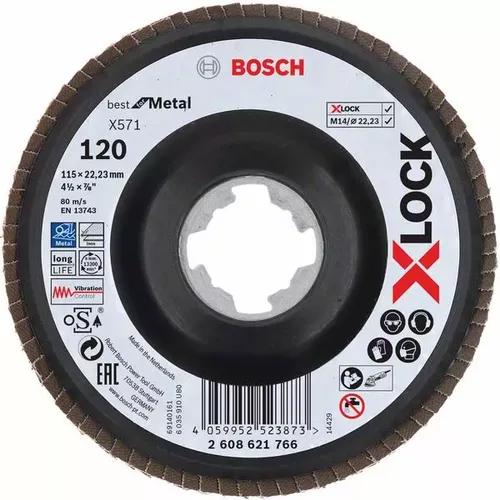 Lamelové brusné kotouče Best for Metal systému X-LOCK, šikmá verze, plastový list, Ø 115 mm, G 120, X571, 1 kus BOSCH 2608621766