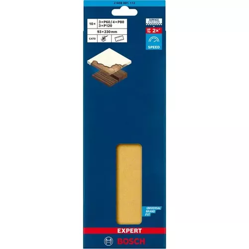 Sada brusných papírů EXPERT C470 pro vibrační brusky 93 × 230 mm, G 3 × 60, 4 × 80, 3 × 120, 10 ks BOSCH 2608901112