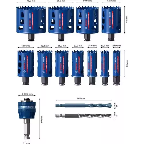 Sada děrovek EXPERT Tough Material 20/22/25/32/35/40/44/51/60/68/76 mm, 14 ks BOSCH 2608900448