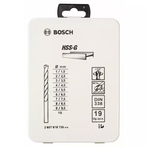 19dílná sada vrtáků do kovu HSS-G, DIN 338, 135° v kovové kazetě, 1–10 mm BOSCH 2607018726