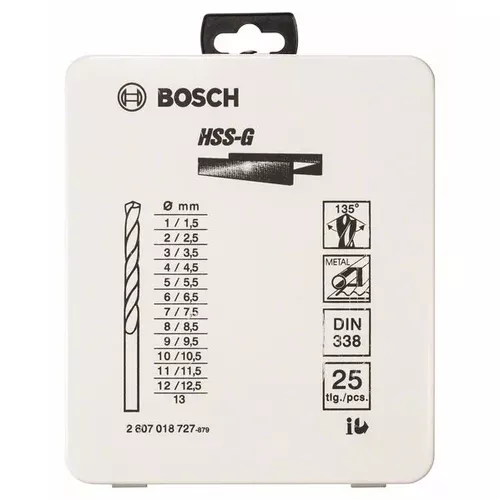 Sada spirálových vrtáků do kovu HSS-G, DIN 338, 135° v kovové kazetě, 1–13 mm, 25 kusů BOSCH 2607018727