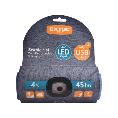 Čepice s čelovkou 4x45lm, usb nabíjení, modrá, univerzální velikost, 73% acryl a 27% polyester EXTOL LIGHT 43191