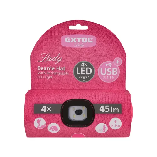 Čepice s čelovkou 4x45lm, usb nabíjení, růžová, univerzální velikost, 73% acryl a 27% polyester EXTOL LIGHT 43193