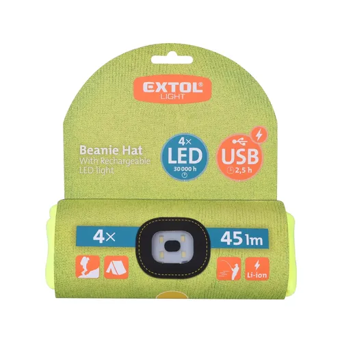 Čepice s čelovkou 4x45lm, usb nabíjení, fluorescentní žlutá, univerzální velikost, 73% acryl a 27% polyester EXTOL LIGHT 43194