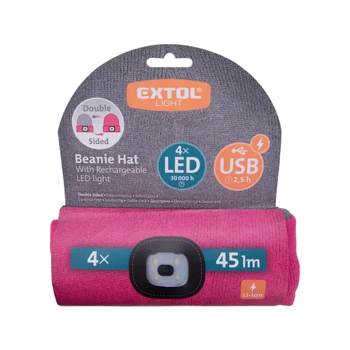 Čepice s čelovkou 4x45lm, usb nabíjení, světle šedá/růžová, oboustranná, univerzální velikost, 73% acryl a 27% polyester EXTOL LIGHT 43197