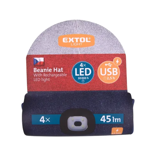 Čepice s čelovkou 4x45lm, usb nabíjení, bílo-červeno-modrá, univerzální velikost, 73% acryl a 27% polyester EXTOL LIGHT 43450