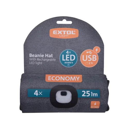 Čepice s čelovkou 4x25lm, usb nabíjení, tmavě šedá, economy, univerzální velikost, 73% acryl a 27% polyester EXTOL LIGHT 43452