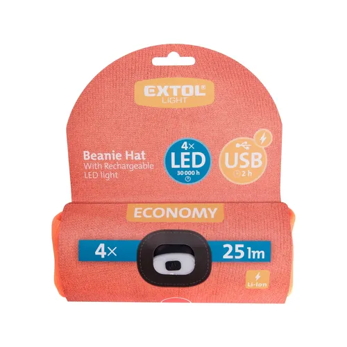 Čepice s čelovkou 4x25lm, usb nabíjení, fluorescentní oranžová, economy, univerzální velikost, 100% acryl EXTOL LIGHT 43455