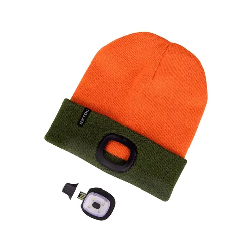 Čepice s čelovkou 4x45lm, usb nabíjení, fluorescentní oranžová/khaki zelená, oboustranná, univerzální velikost, 100% acryl EXTOL LIGHT 43460
