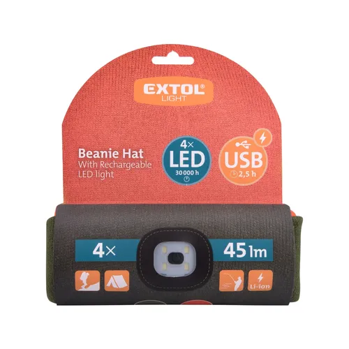 Čepice s čelovkou 4x45lm, usb nabíjení, fluorescentní oranžová/khaki zelená, oboustranná, univerzální velikost, 100% acryl EXTOL LIGHT 43460