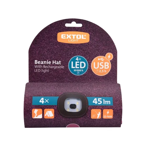 Čepice s čelovkou 4x45lm, usb nabíjení, fialová/černá, univerzální velikost, 100% acryl EXTOL LIGHT 43461