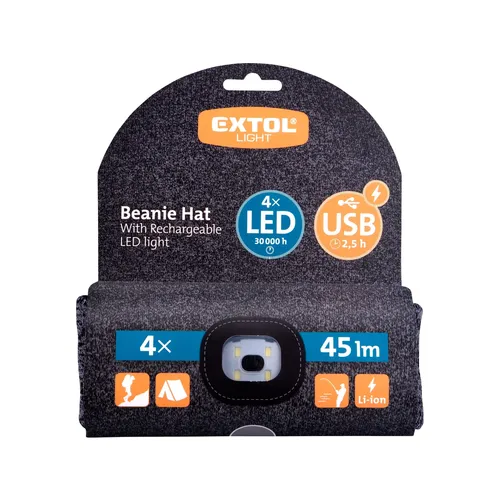 Čepice s čelovkou 4x45lm, usb nabíjení, šedá/černá, univerzální velikost, 100% acryl EXTOL LIGHT 43462