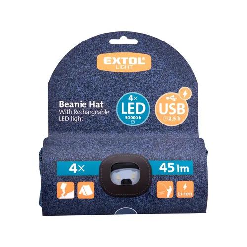 Čepice s čelovkou 4x45lm, usb nabíjení, modrá/černá, univerzální velikost, 100% acryl EXTOL LIGHT 43463