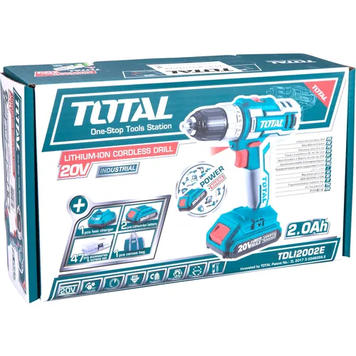 Vrtací šroubovák aku, 20v li-ion (2x), 2000mah, v tašce, sada 47ks TOTAL TDLI2002E