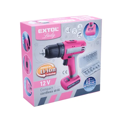 Vrtací šroubovák aku, růžový, 12v li-ion, 1500mah, extol lady EXTOL LIGHT 402402