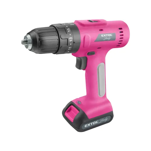 Vrtací šroubovák aku s příklepem, růžový, 12v li-ion, 2000mah, v kufru s nářadím, sada 27ks, extol lady EXTOL LIGHT 402403