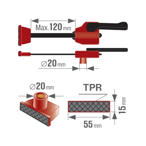 Svěrka přítlačná horizontální - k multif. stolůlm s otvory o 20mm, 0-120mm EXTOL PREMIUM 4759992