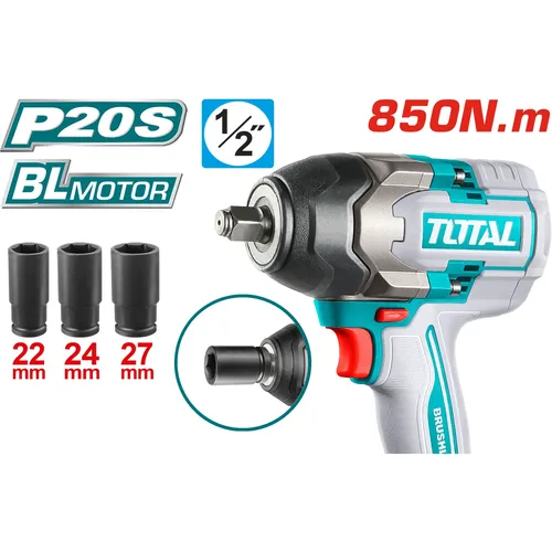 Utahovák rázový aku 1/2', brushless, 850nm, 20 v li-ion, bez baterie a nabíječky, industrial TOTAL TIWLI20851