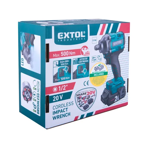 Utahovák rázový 1/2" aku share20v, 500nm, brushless, 2ah EXTOL INDUSTRIAL 8791814