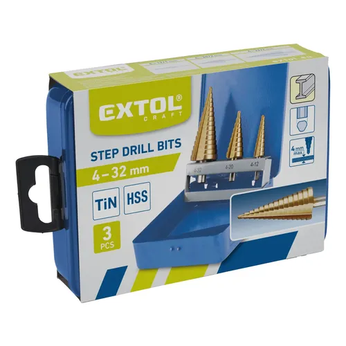 Vrtáky stupňovité, sada 3ks, o 4-12/1mm, o 4-20/2mm, o 4-32/2mm, hss EXTOL CRAFT 20090