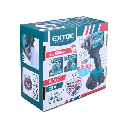 Utahovák rázový 1/2" aku share20v, 500nm, brushless, bez baterie a nabíječky EXTOL INDUSTRIAL 8791815