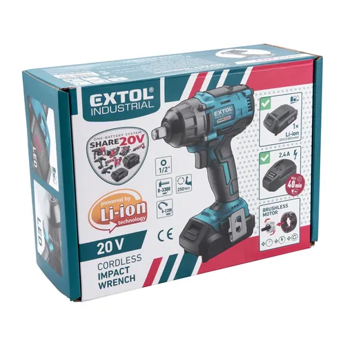 Utahovák rázový 1/2" aku share20v, 250nm, brushless, 20v li-ion, 2ah EXTOL INDUSTRIAL 8791810